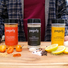 peprly three pack seasoning bundle with Hot Honey Habanero, Lemon Garlic Herb, and The Workhorse
