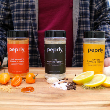 peprly three pack seasoning bundle with Hot Honey Habanero, Lemon Garlic Herb, and The Workhorse