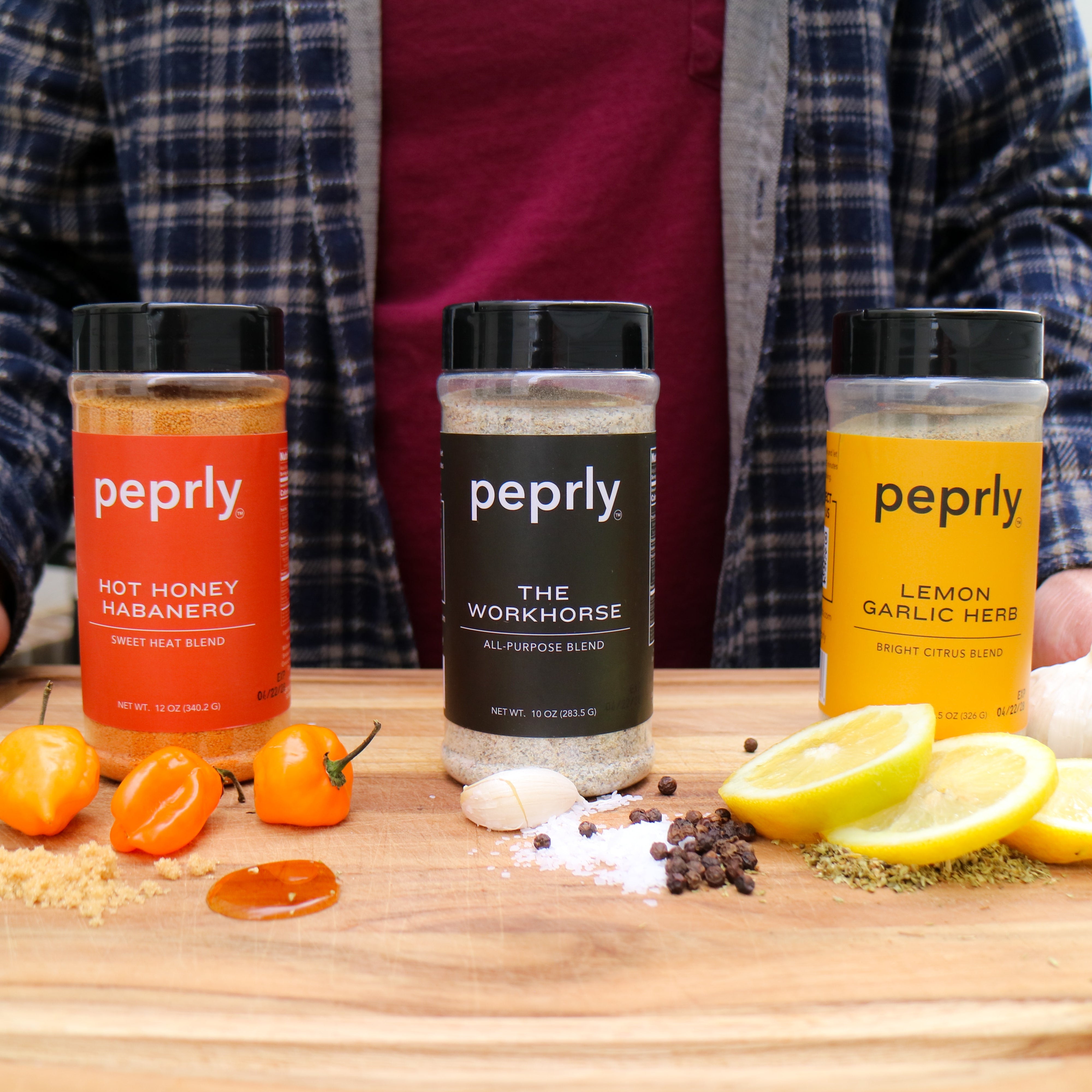 peprly three pack seasoning bundle with Hot Honey Habanero, Lemon Garlic Herb, and The Workhorse