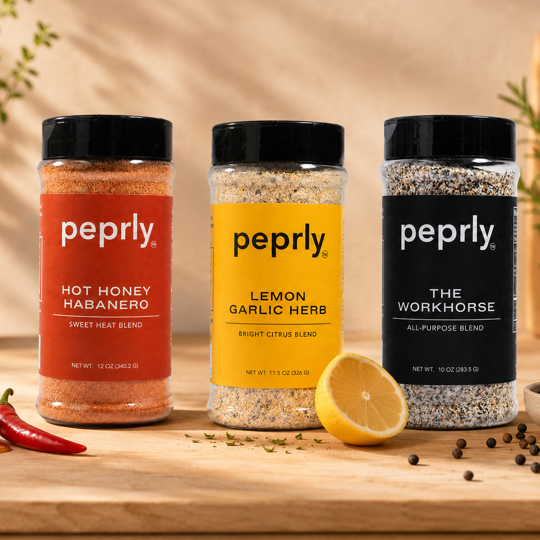 peprly three pack seasoning bundle with Hot Honey Habanero, Lemon Garlic Herb, and The Workhorse