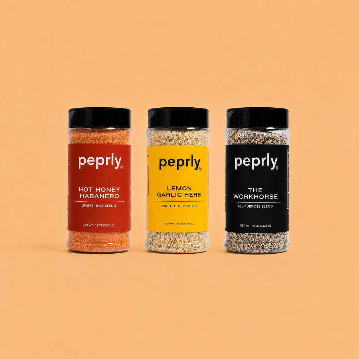 peprly three pack seasoning bundle with Hot Honey Habanero, Lemon Garlic Herb, and The Workhorse
